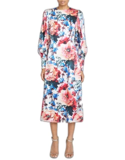 Floral-Print Belted Puff-Sleeve Silk Midi Dres