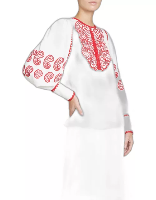 Paisley Embroidered Bib-Front Blouson-Sleeve Top