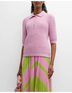 Pointelle Knit Short-Sleeve Polo Sweater