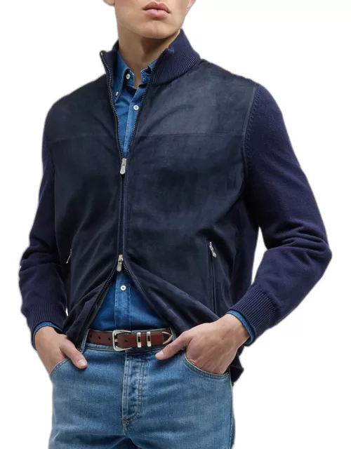 Men's Suede Full-Zip Blouson Jacket with Knit Sleeve