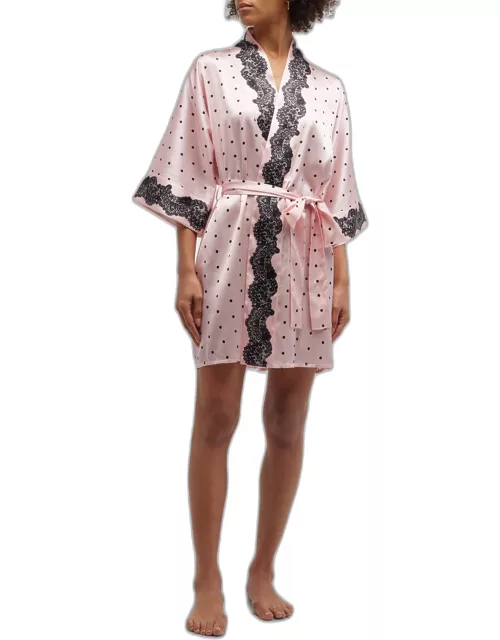 Polka-Dot Lace-Trim Short Silk Robe