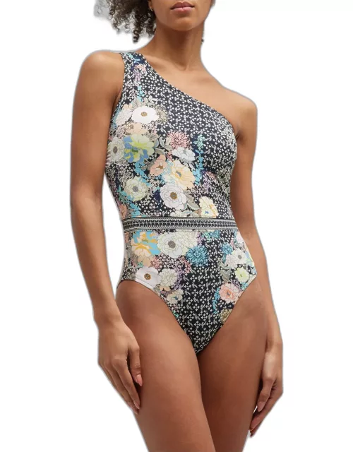 Multi-Pattern Printed One-Shoulder One-Piece Swimsuit