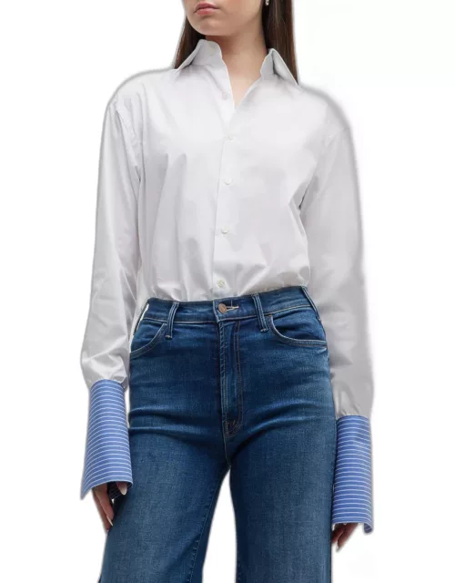 Contrast-Cuff Button-Front Cotton Shirt