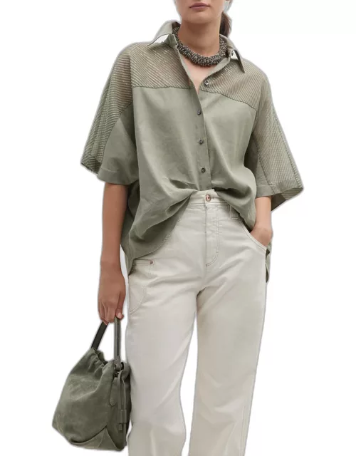 Paillette Yoke Short-Sleeve Linen Button-Front Shirt
