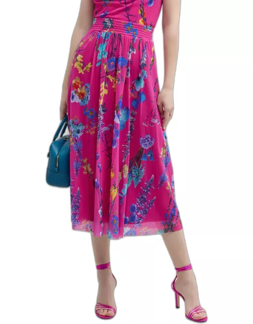 Floral-Print Tulle Midi Skirt