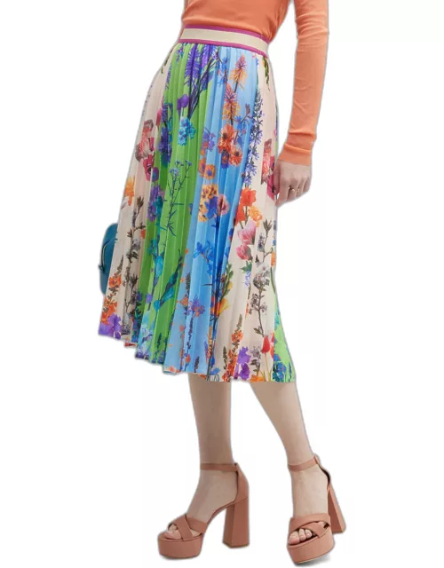 Pleated Floral-Print A-Line Midi Skirt
