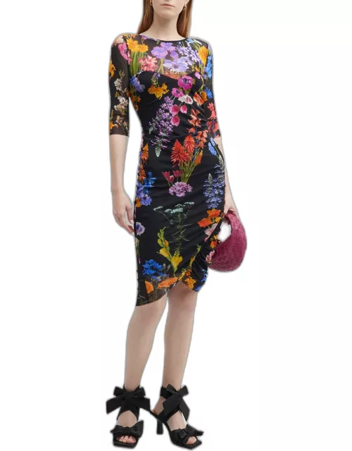 Ruched Floral-Print Bodycon Tulle Dres