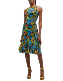 Ruched Fruit-Print Tulle Midi Dres