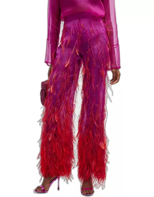 Ombre Feather Embellished Straight-Leg Satin Trouser