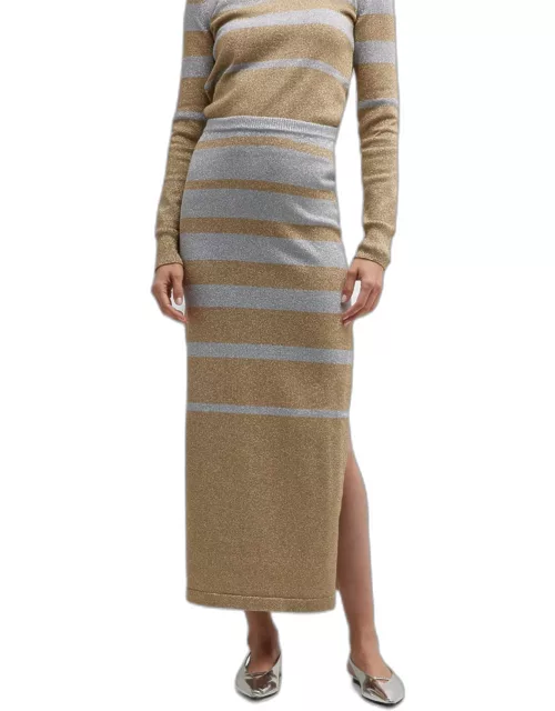 Metallic Striped Knit Side-Slits Maxi Skirt