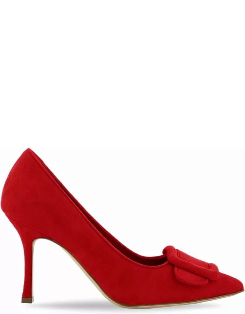 Red suede pumps with buckle detai