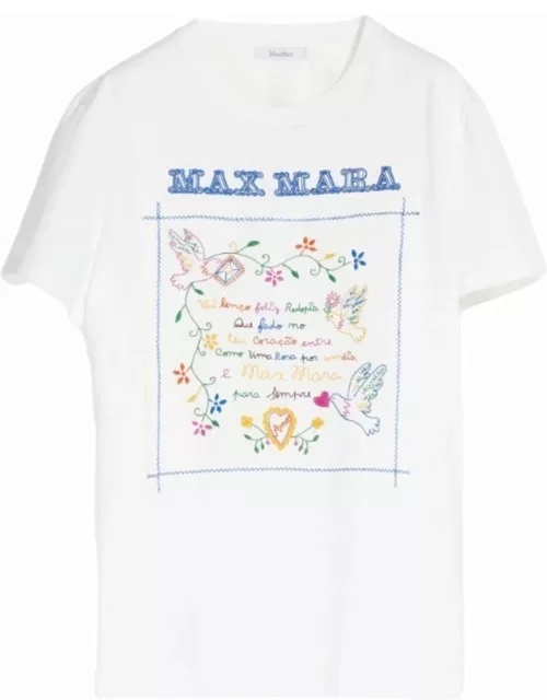 White short-sleeved T-shirt with blue embroidery