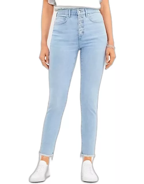 Loft Curvy Frayed Button Front High Rise Skinny Jeans in Original Mid Indigo Wash
