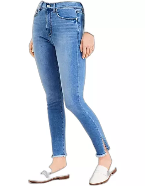 Loft Curvy Side Slit Frayed High Rise Skinny Jeans in Indigo Wash