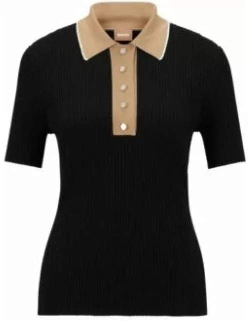 Slim-fit ribbed top with press-stud placket- Patterned Women's Clothing