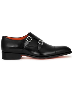 Santoni Glossed Leather Monk-strap Shoes - Black
