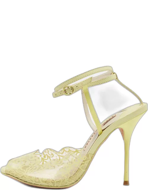 Sophia Webster Yellow Leather and Lace Print PVC Peep Toe Ankle Strap Sandal