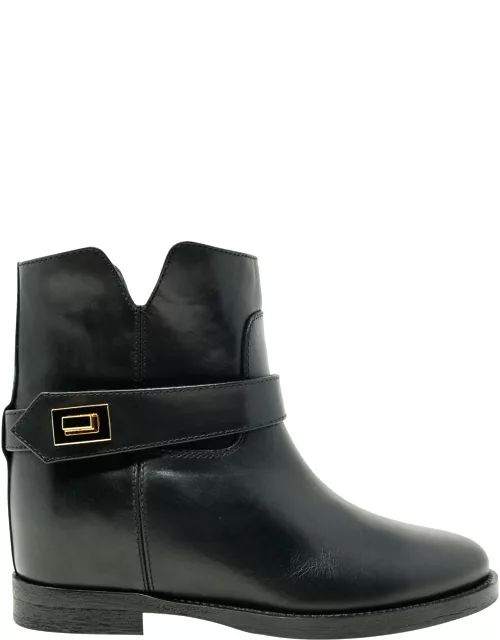 Via Roma 15 Black Leather Whit Gold Padlock Ankle Boot