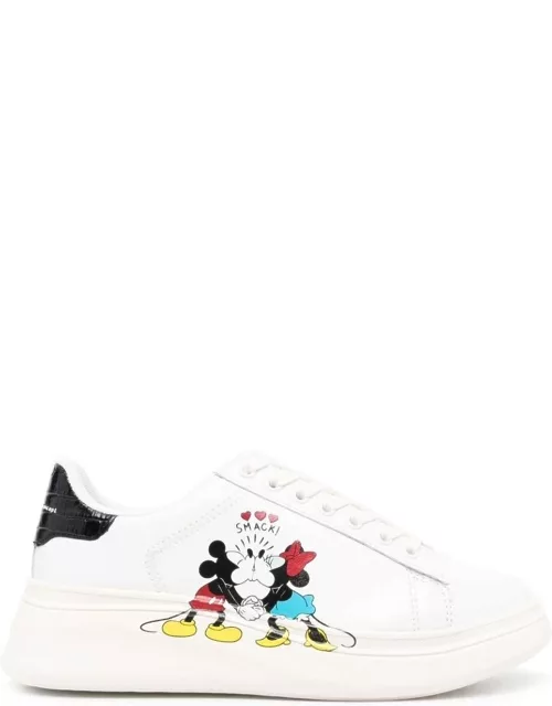 M.O.A. master of arts Moa Womans White Leather Sneakers With Mickey Mouse Kiss Print
