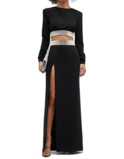 Odelle Rhinestone-Waist Slit Maxi Skirt