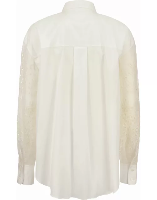Brunello Cucinelli Stretch Cotton Poplin Shirt With Crispy Silk Broderie Anglaise Sleeve