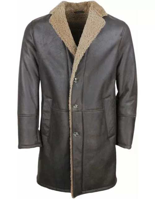 Barba Napoli Single-breasted Shearling Sheepskin Coat With Button Closure And Side Pocket