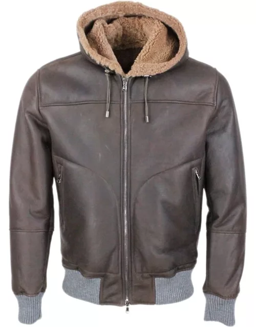 Barba Napoli Shearling Bomber Jacket With Hood With Drawstring And Trims In Stretch Knit And Zip Closure