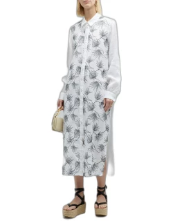 Floral-Embroidered Button-Down Linen Dres