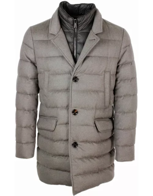 Moorer Quilted Coat In Real Goose Down In Wool And Cashmere With A Straight Line, Removable Internal Bib And Vertical Pockets On The Chest.