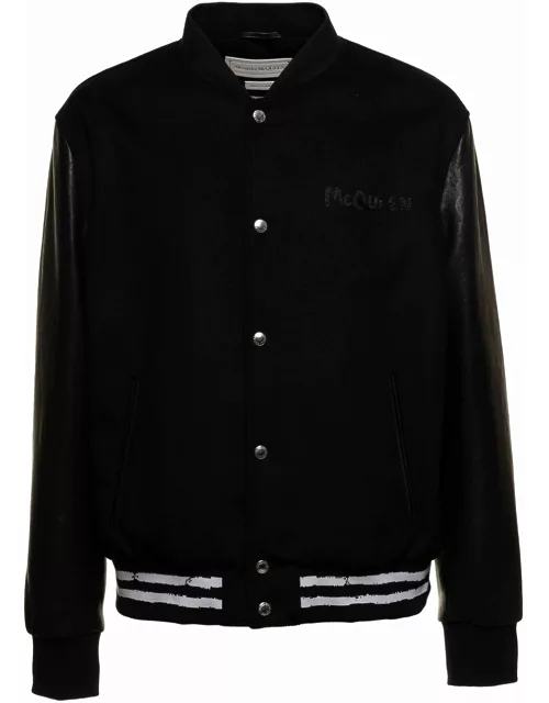 Alexander McQueen Mans Black Bomber Wool And Leather Jacket