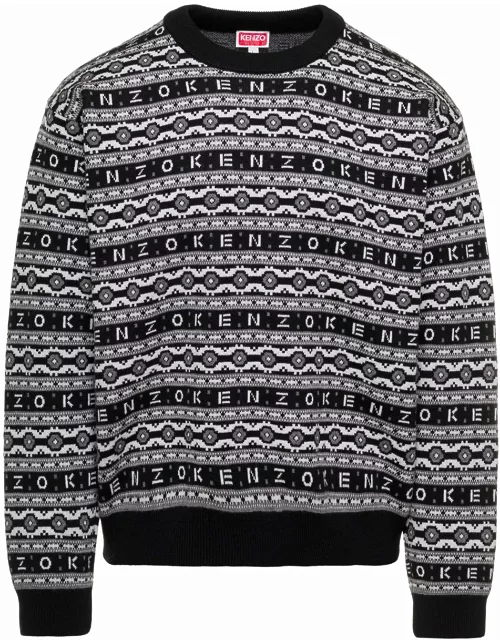 Black And Grey All-over Logo-jacquard Jumper In Wool Man Kenzo
