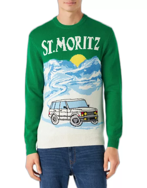 MC2 Saint Barth Man Green Sweater With St.moritz Postcard Print