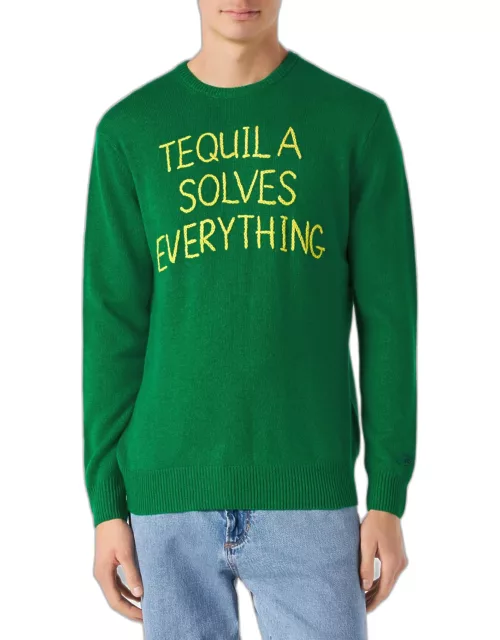 MC2 Saint Barth Man Green Sweater With Tequila Solves Everything Embroidery