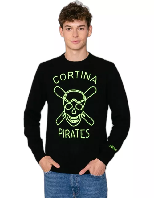 MC2 Saint Barth Black Man Sweater Cortina Pirates Fluo Embroidery