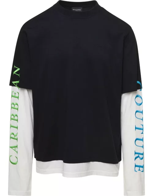 caribbean Couture Black And White Double Layer Long Sleeves T-shirt In Organic Cotton Man Botter