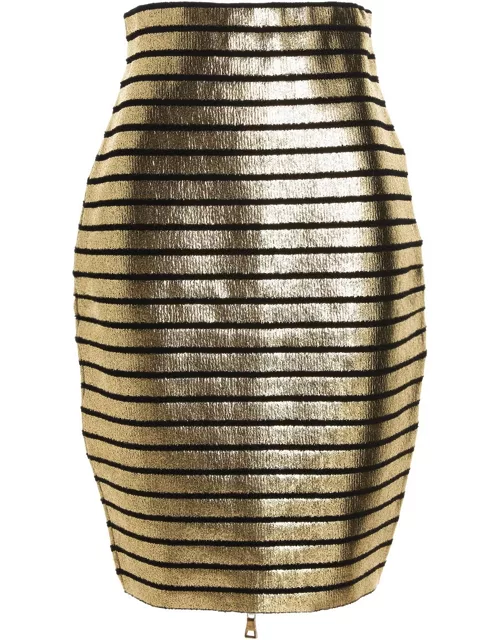 Balmain Hw Golden Striped Knit Knee Skirt