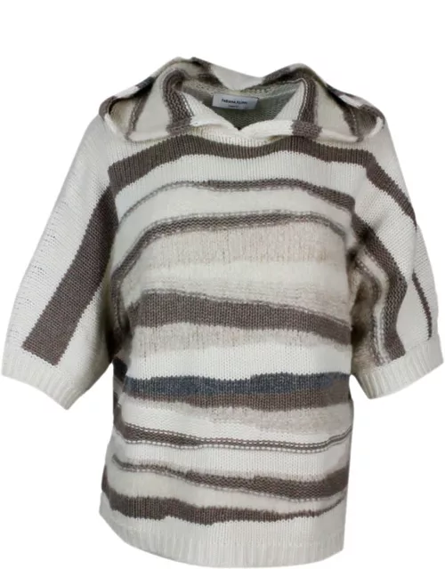Fabiana Filippi Short-sleeved Hooded Sweater In Platinum And Mohair Yarn Embellished With Irregular Stripes And Lurex Thread
