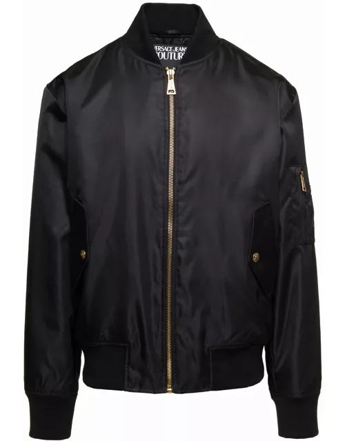 Black Bomber Jacket With Back Baroque Logo Print In Nylon Man Versace Jeans Couture