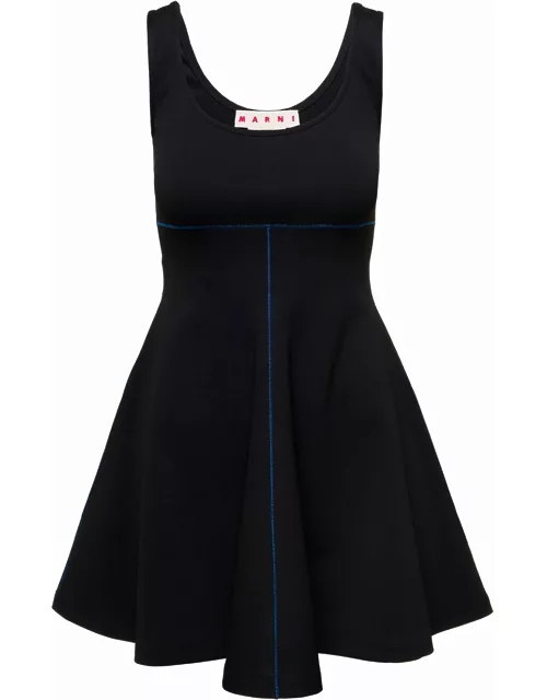 Mini Black Flared Dress With Contrasting Stitching In Stretch Fabbric Woman Marni