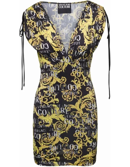 Multicolor V Neck Mini Dress With All-over Couture Logo Print In Polyester Woman Versace Jeans Couture