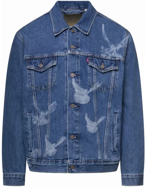 Blue Denim Jacket Levis X 3.paradis With Birds Print In Cotton Man