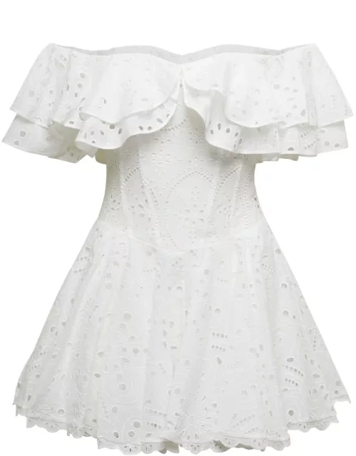 dalia Mini White Dress With Bardot Neckline And Ruffles In Broderie Anglaise Cotton-blend Woman Charo Ruiz