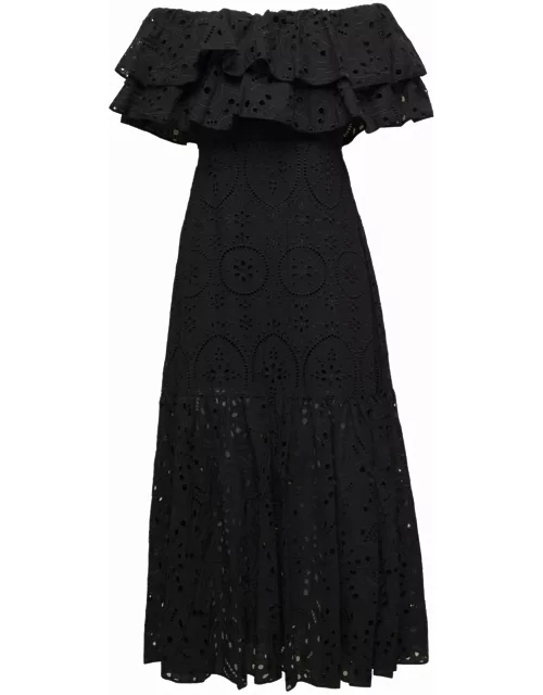isabella Long Black Dress With Bardot Neck In Broderie Anglaise Cotton-blend Woman Charo Ruiz