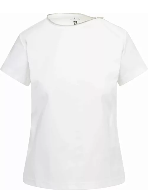 Noir Kei Ninomiya White Crewneck T-shirt With Zip Detail In Cotton Jersey Woman Noir Kei Ninomya