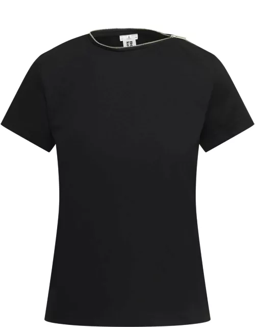 Noir Kei Ninomiya Black Crewneck T-shirt With Zip Detail In Cotton Jersey Woman Noir Kei Ninomya