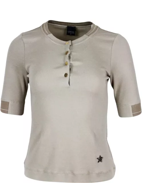 Lorena Antoniazzi Short-sleeved Ribbed Crew-neck Cotton T-shirt With Button Closure And Swarosky Star