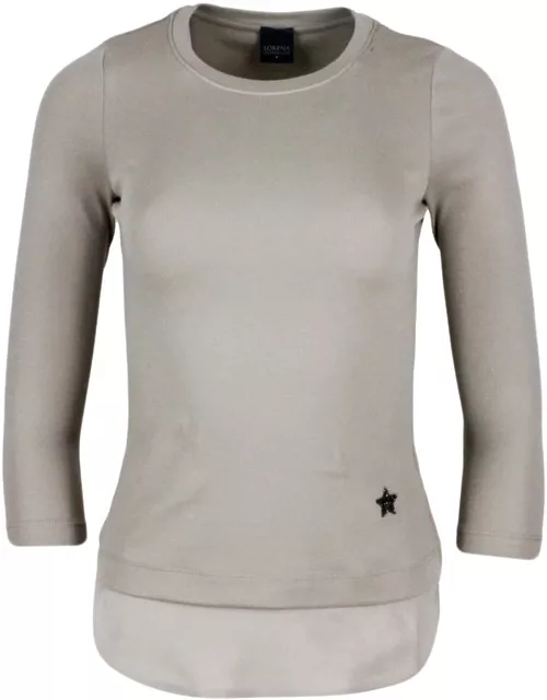 Lorena Antoniazzi Ribbed Crew-neck Short-sleeved Cotton T-shirt With Swarosky Star And Silk Insert On The Botto