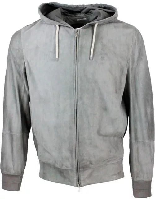 Brunello Cucinelli Sweatshirt-style Jacket In Very Soft Suede Leather With Hood And Zip Closure