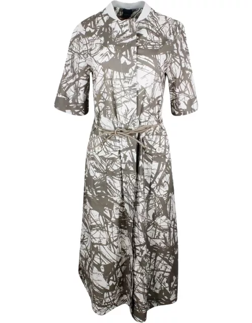 Lorena Antoniazzi Long Patterned Short Sleeve Dress With Button Closure And Leather Belt