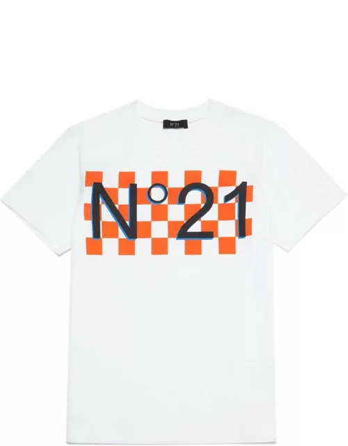 N.21 N21t158m T-shirt N°21 White Jersey T-shirt With Damier Print And Logo